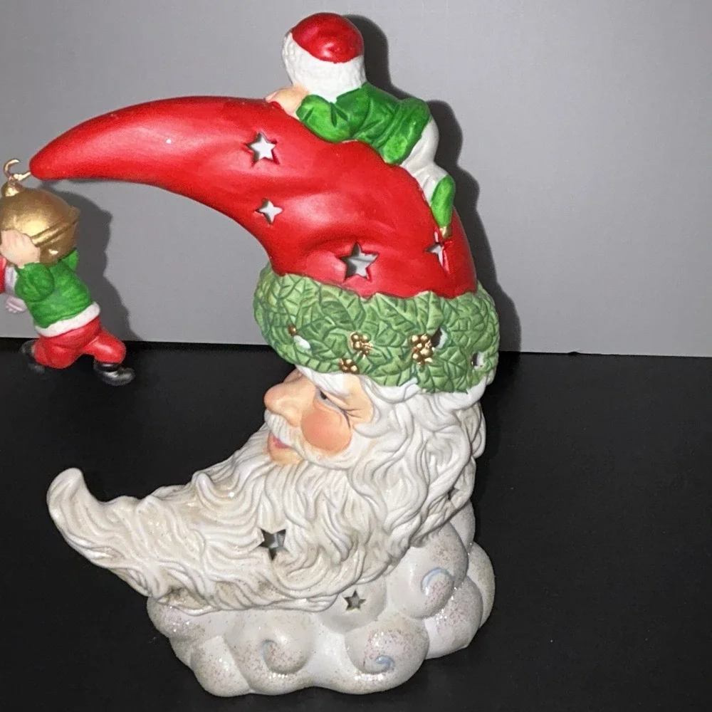 Light Up Ceramic Santa Moon Face With Elves‎ Christmas Decor Star Cutout